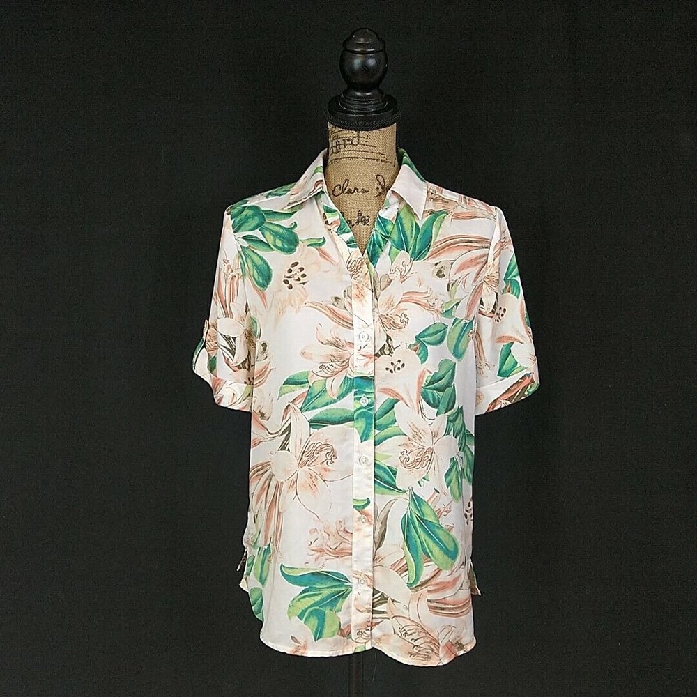 Chicos‎ Womens 1 US 8 Top White Floral Hawaiian Button Up Short Sleeve Collared